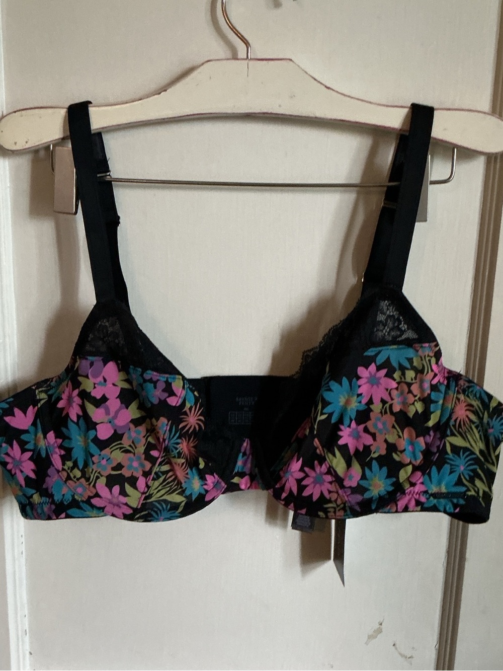 Savage X Fenty Black Floral Underwire Bra with Pink & Teal Accents